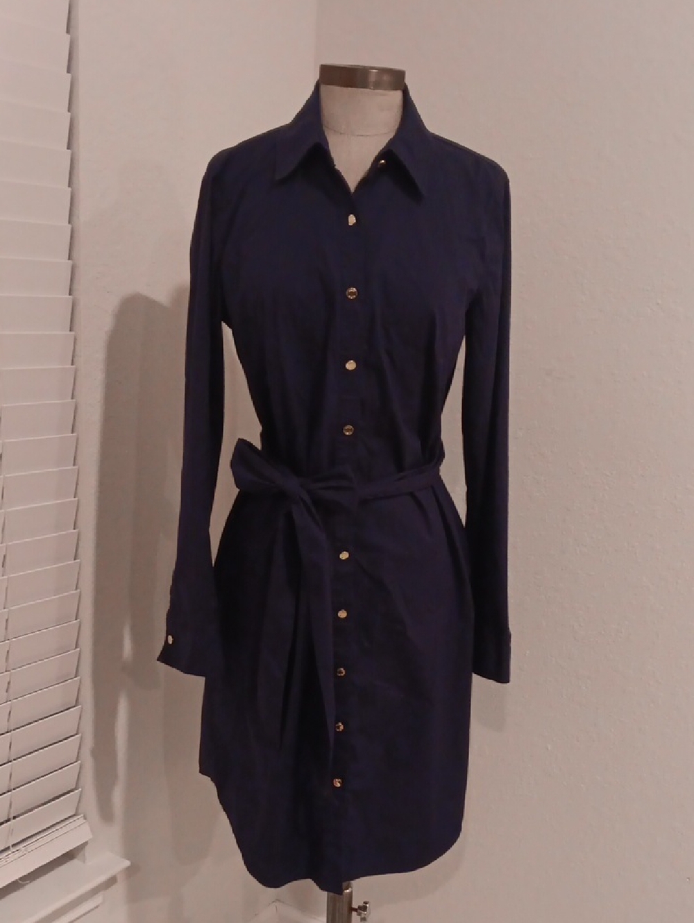 Anne Klein Navy Button-Front Long-Sleeve Shirt Dress with Waist Tie